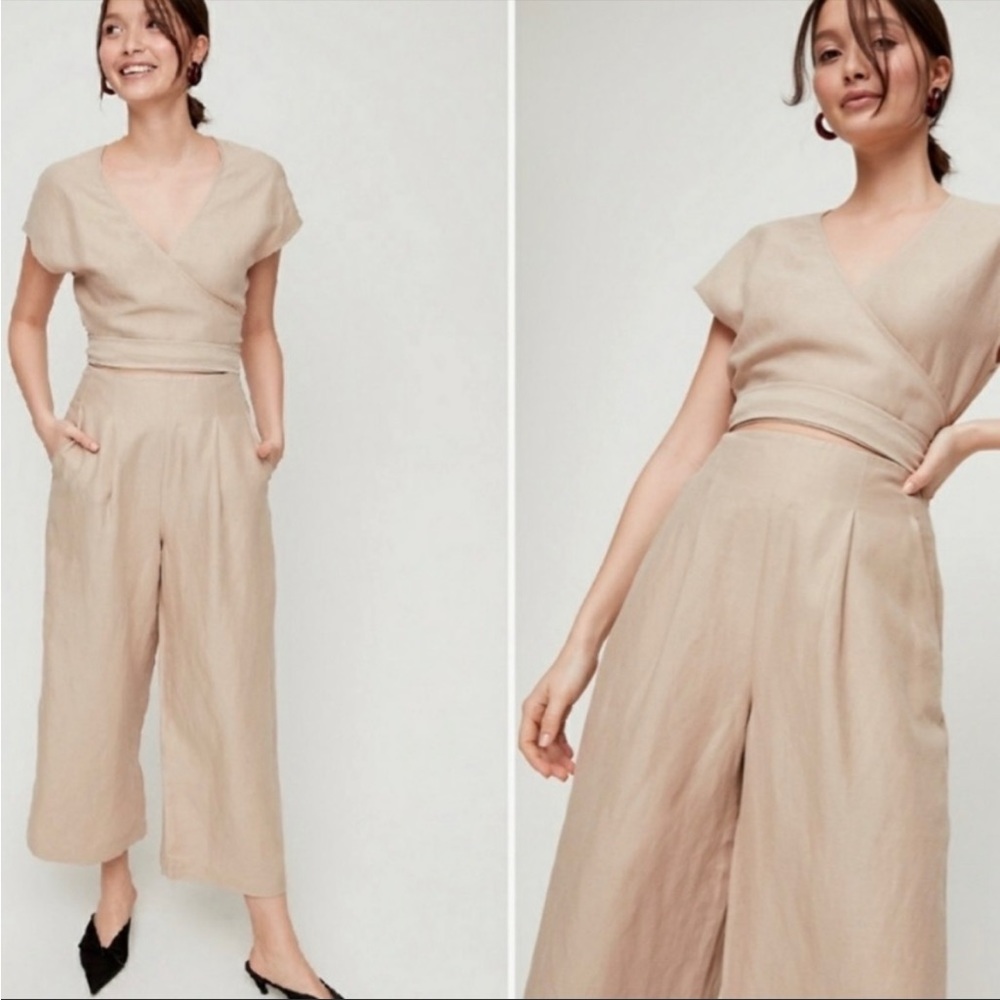 Aritzia Wilfred Jumpsuit Short Sleeve Wide Leg Wrap Tie Khaki